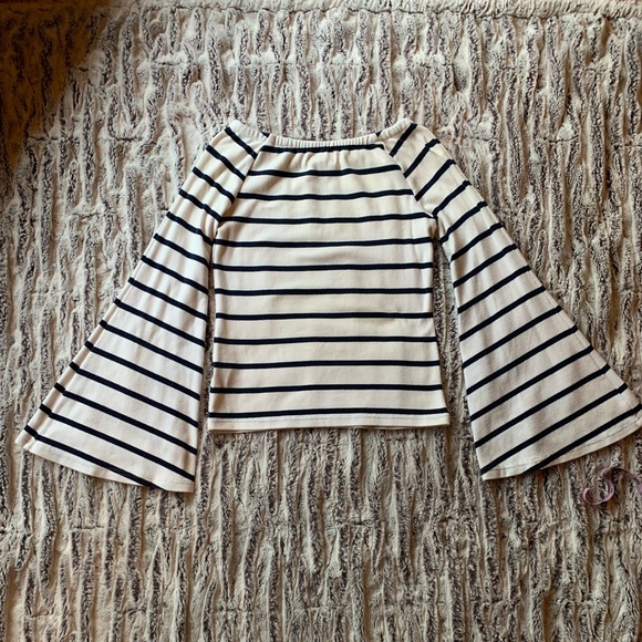Size Small Anthropologie (Deletta) Bell Sleeved, Navy & White Stripped Shirt - Picture 1 of 8